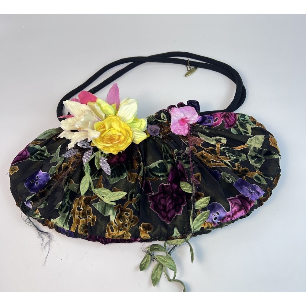 Mary Frances Floral Velvet Shoulder Bag Purse 3D Flowers Wearable Art Boho
